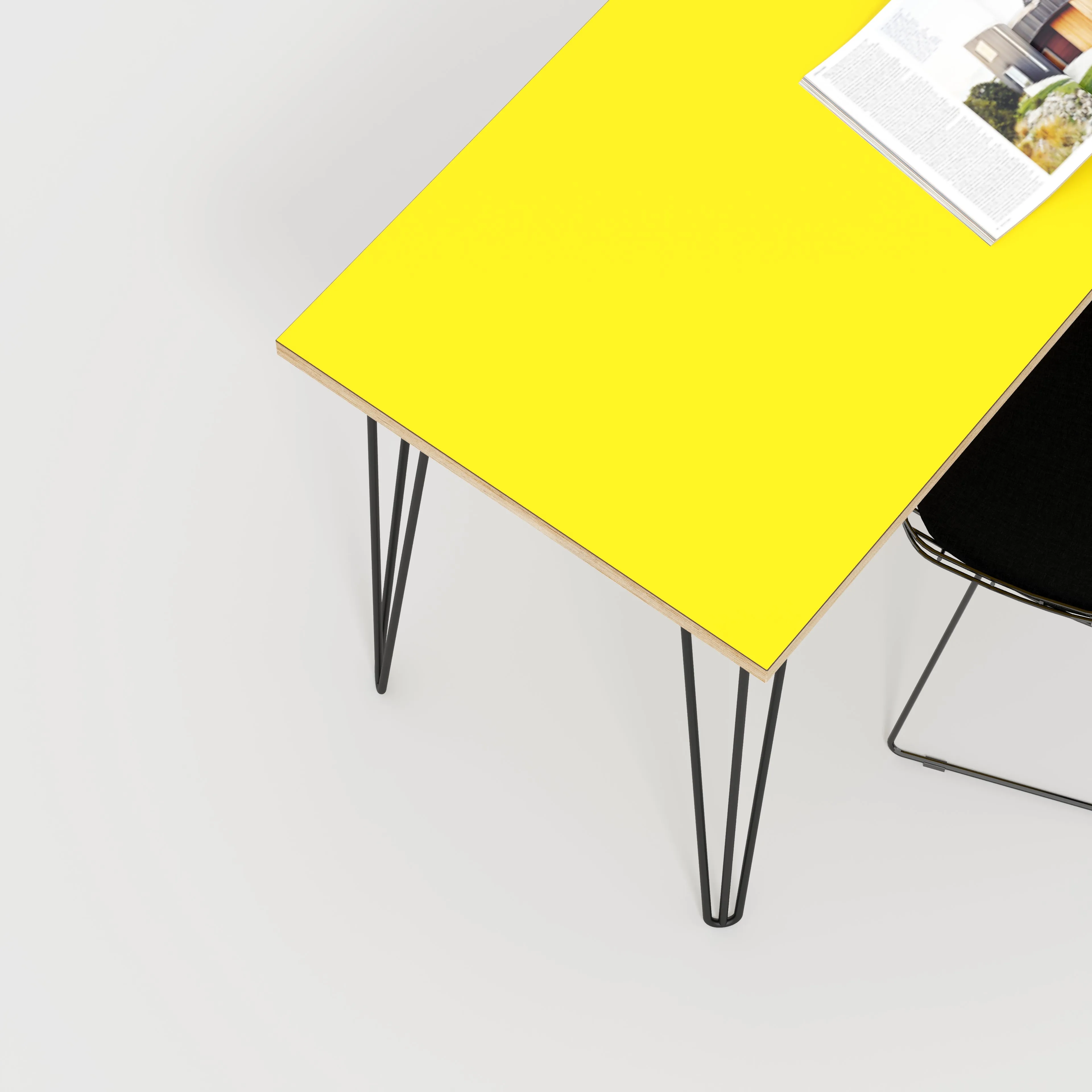 Plywood Desk with Black Hairpin Legs - Formica Chrome Yellow - 1200(w) x 600(d) x 735(h)