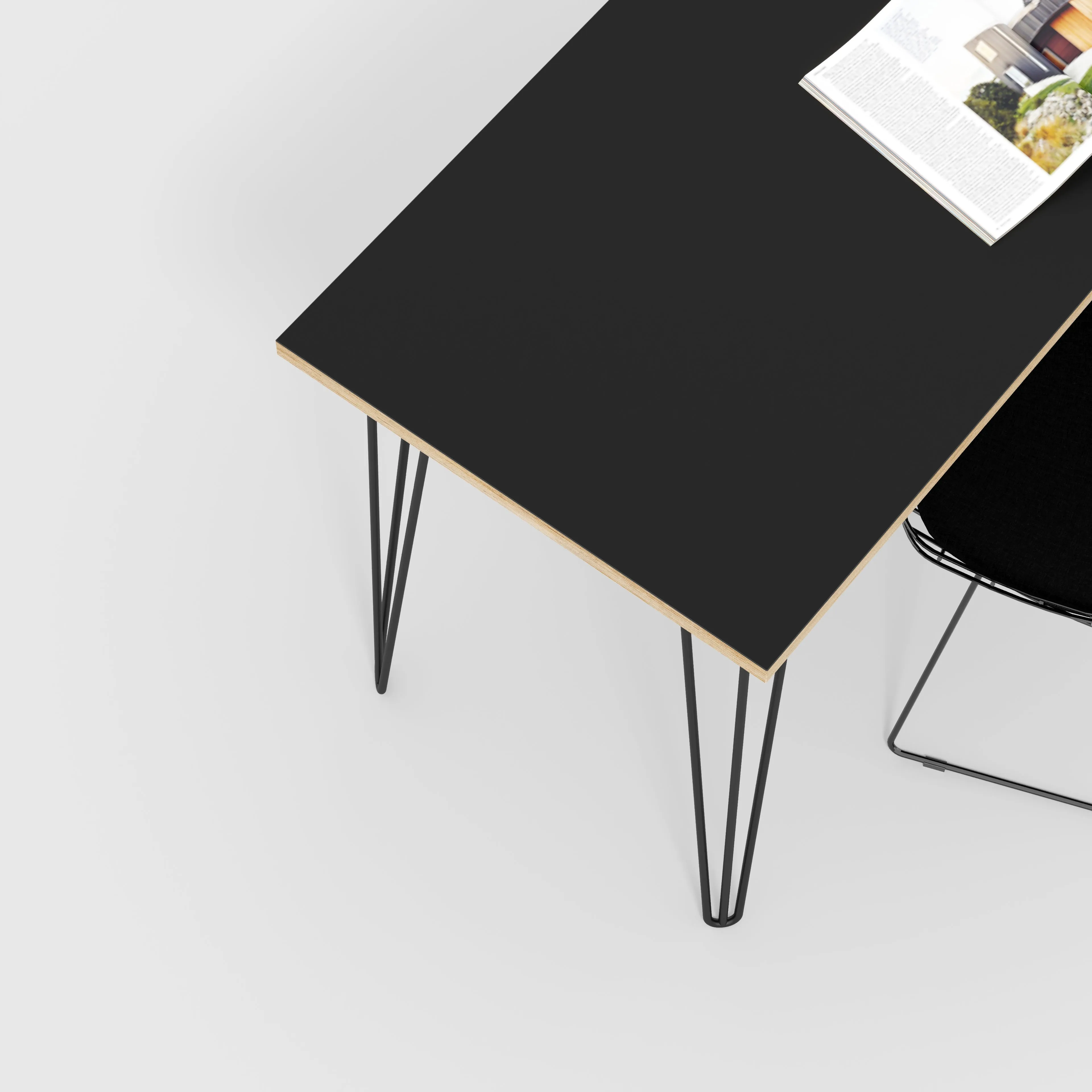 Plywood Desk with Black Hairpin Legs - Formica Diamond Black - 1600(w) x 800(d) x 735(h)