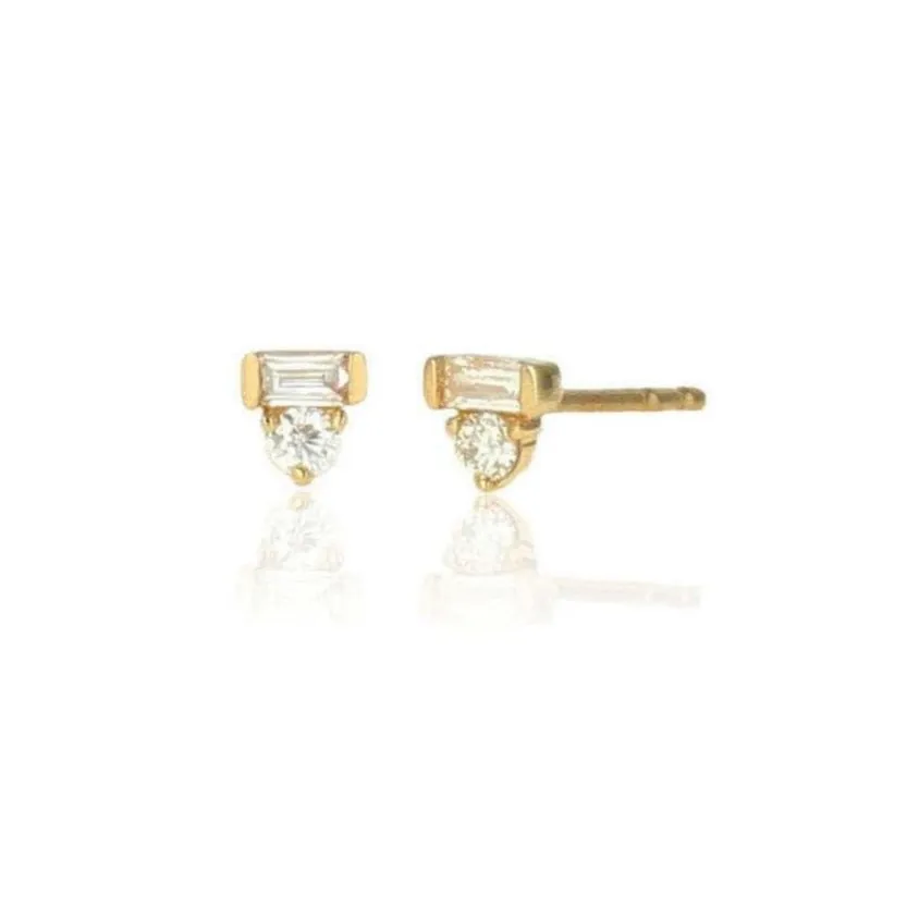Rachel Reid Mini Baguette and Round Diamond Stud Earrings