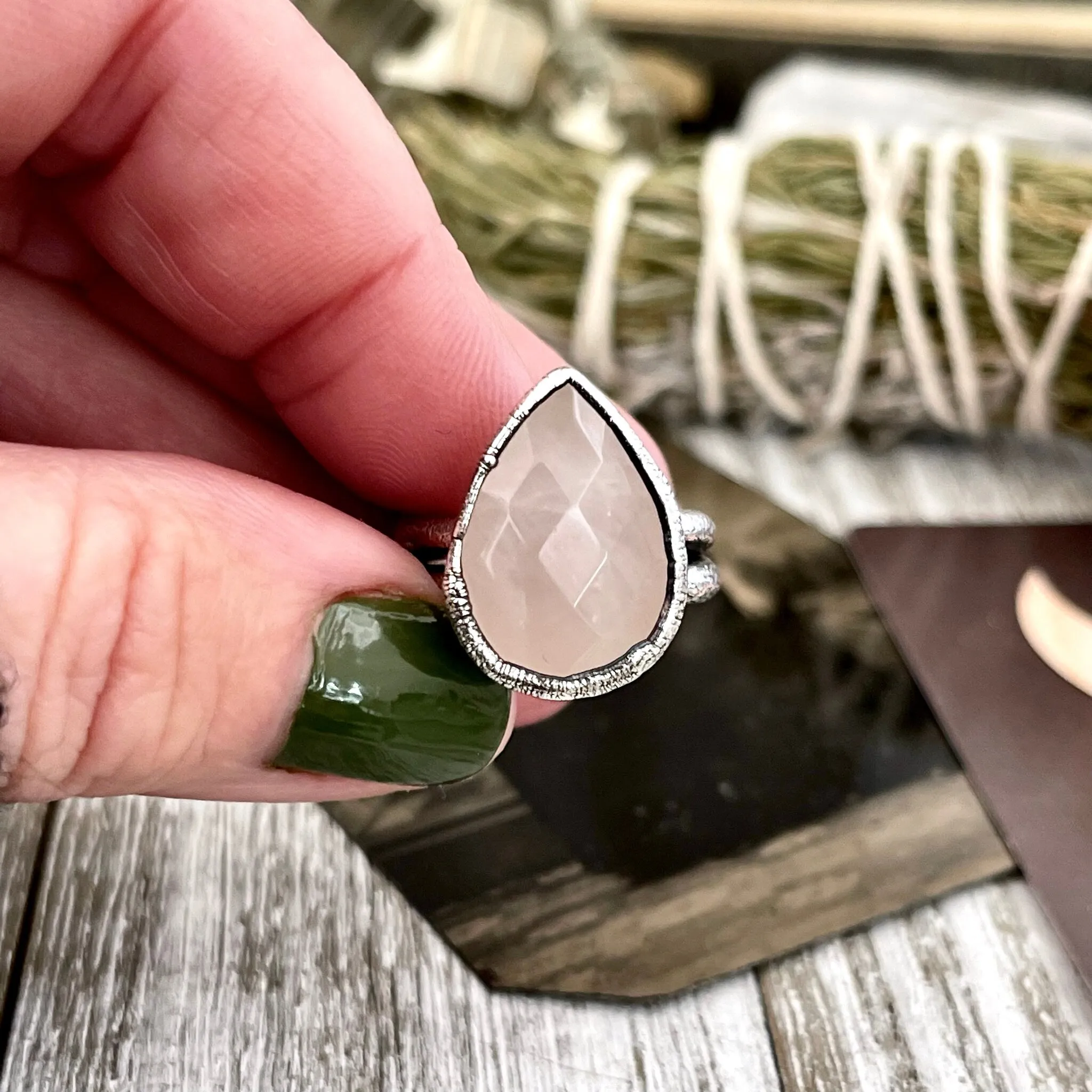 Rose Quartz Ring in Fine Silver, Pink Stone Statement Ring Size 6 7 8 9 / Foxlark Collection