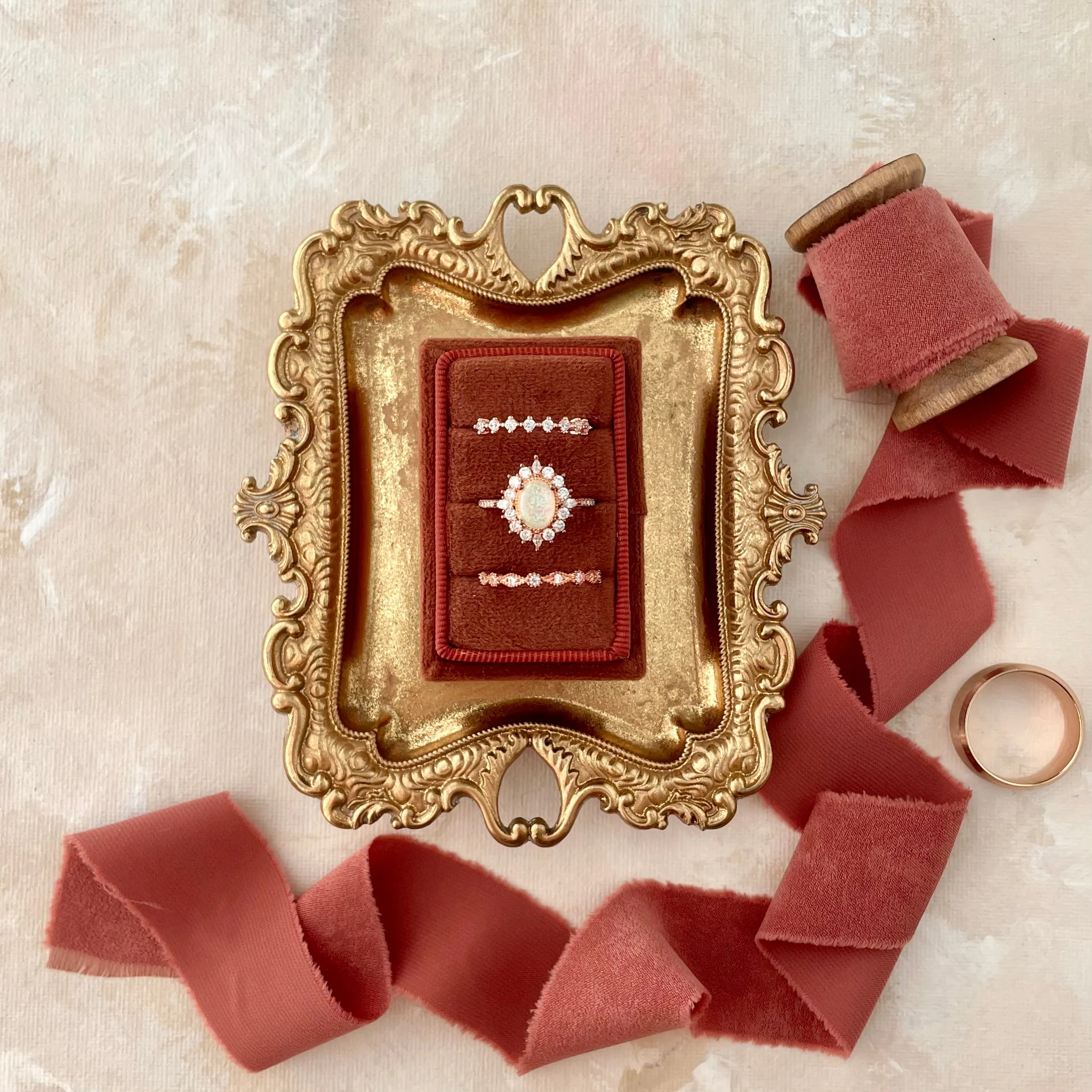 Rust Triple Ring Box with Terracotta Ribbon