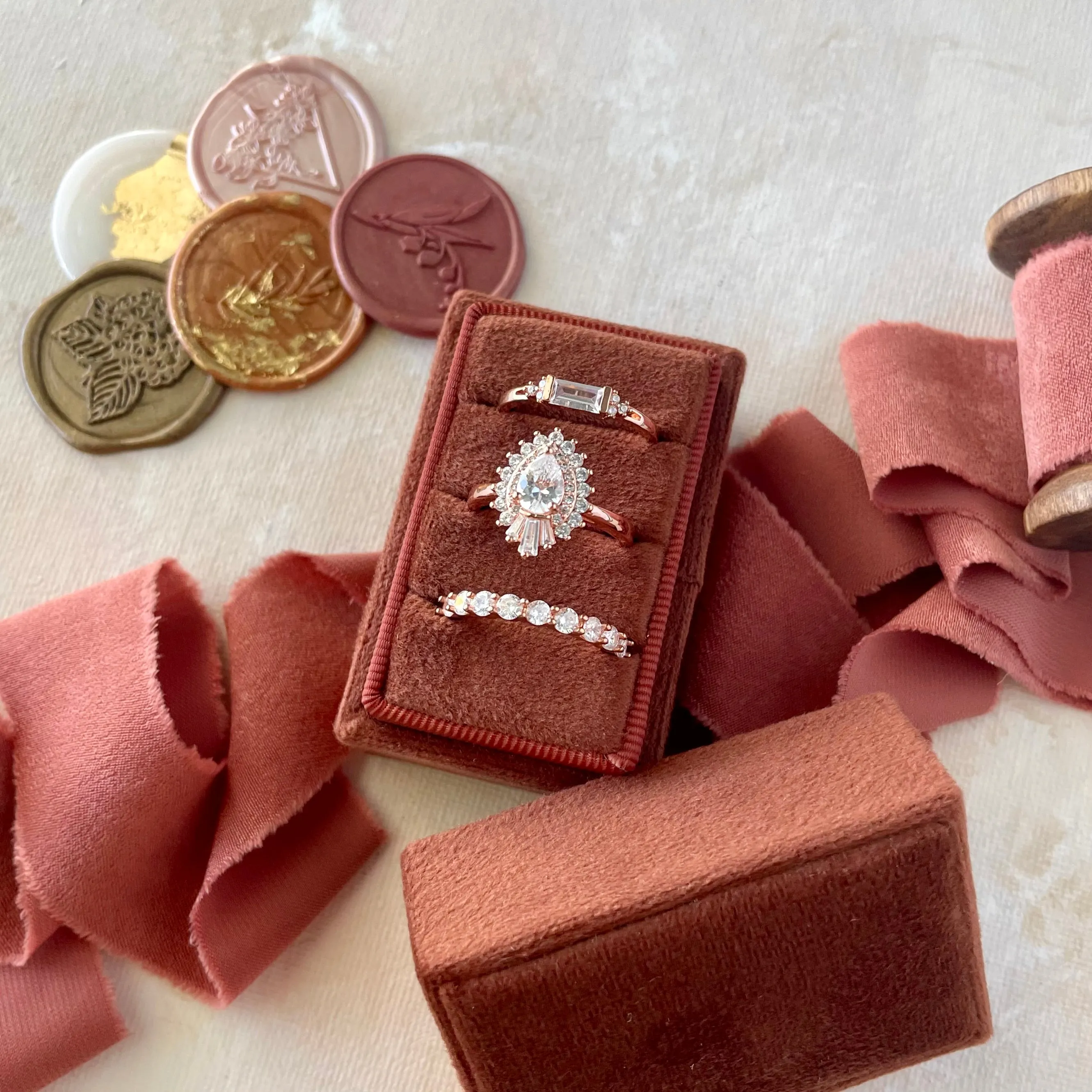 Rust Triple Ring Box with Terracotta Ribbon