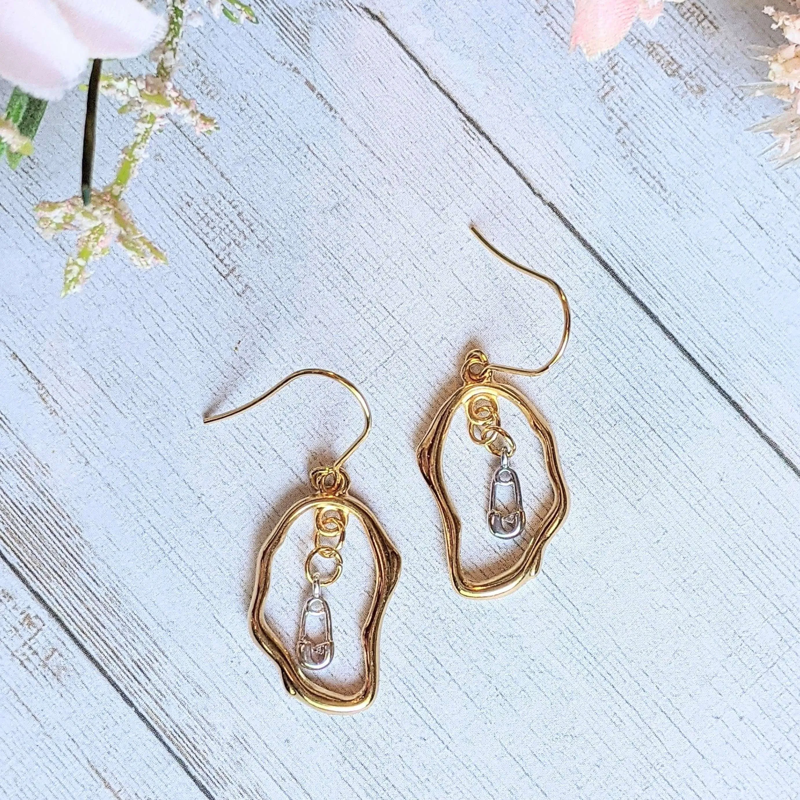 Safety Pin dangle earrings, Two-Tone