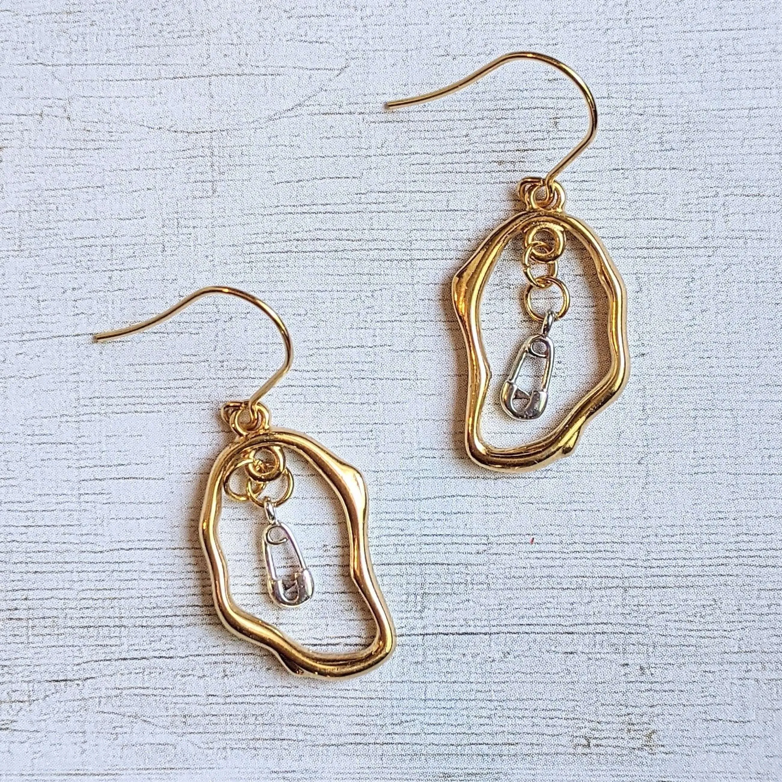 Safety Pin dangle earrings, Two-Tone