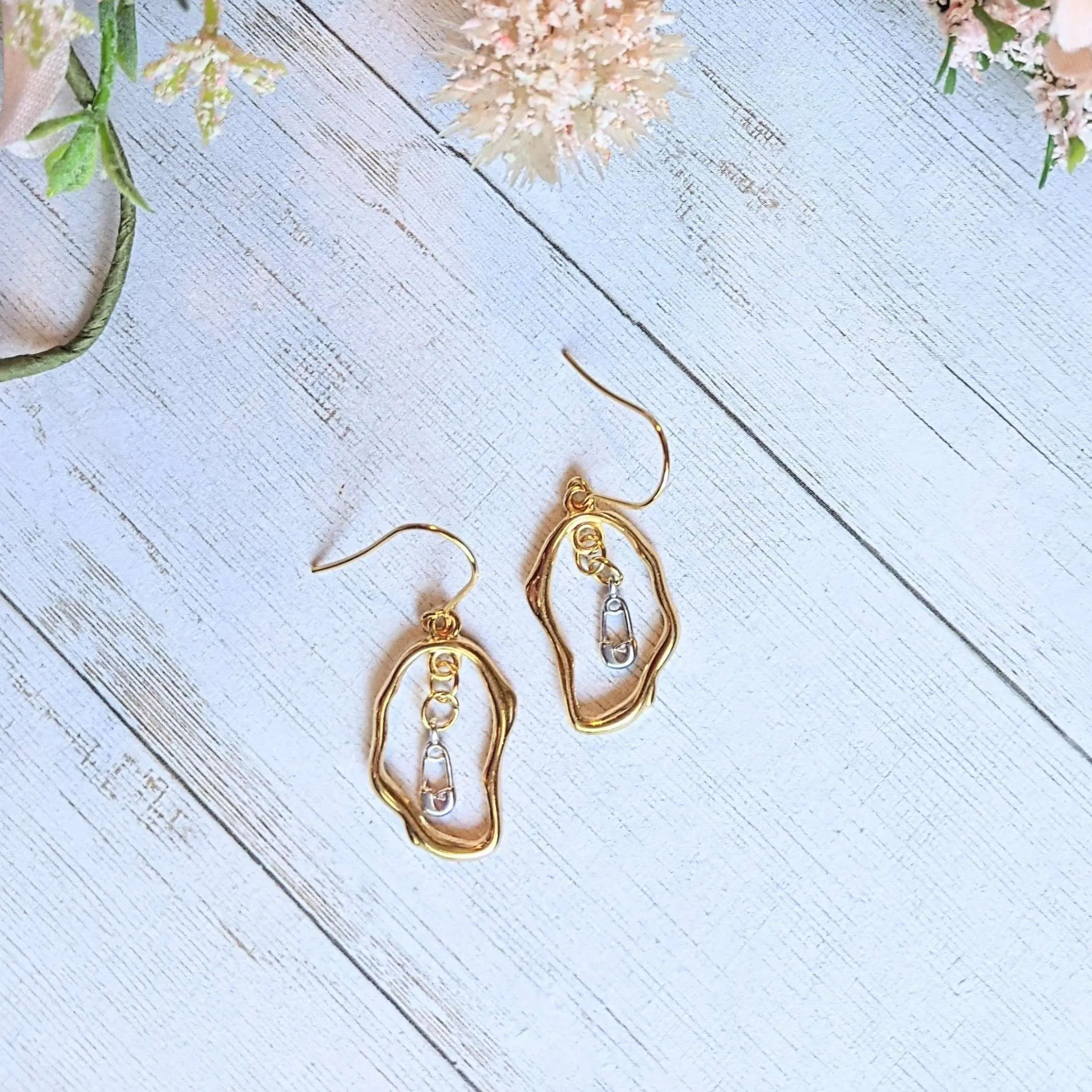 Safety Pin dangle earrings, Two-Tone