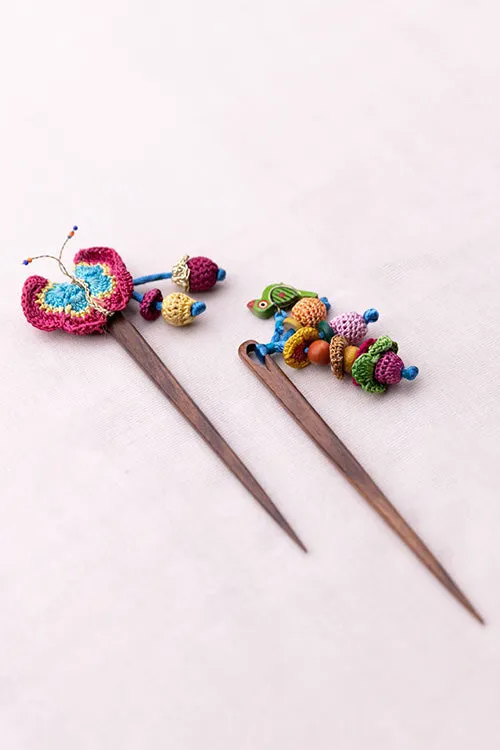 Samoolam Handmade Crochet Hairstick ~ Butterfly & Bird - Pair