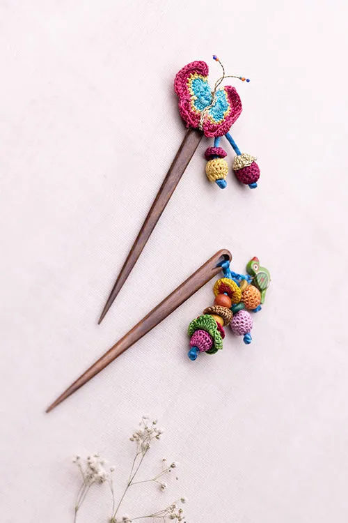 Samoolam Handmade Crochet Hairstick ~ Butterfly & Bird - Pair