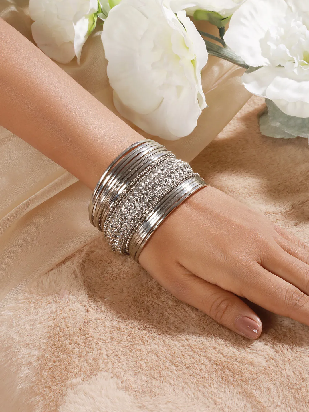 Set Of 15 Oxidised Silver-Plated Bangles Set