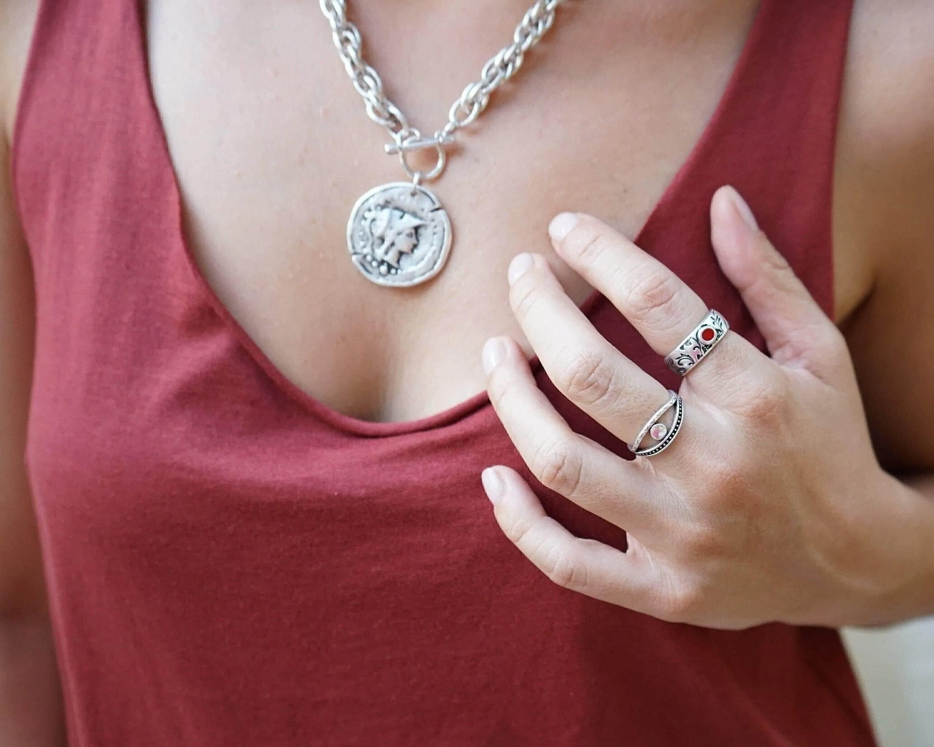 Silver Floral-Pattern Engraved Band Ring
