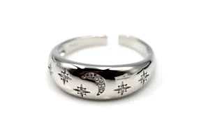 Size O Sterling Silver Cubic Zirconia Dome Wide Open Moon & Stars Ring