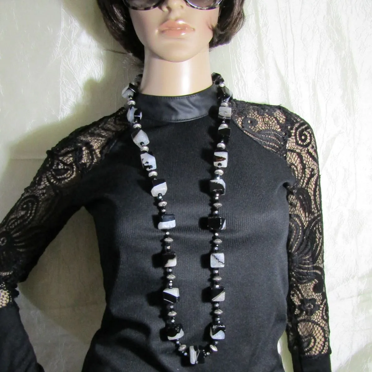 Statement Necklace Black and White Agate Long Necklace