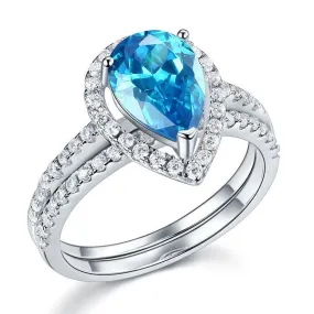 Sterling 925 Silver Bridal Wedding Engagement Ring Set 2 Carat Pear Fancy Blue Simulated Diamond Jewelry