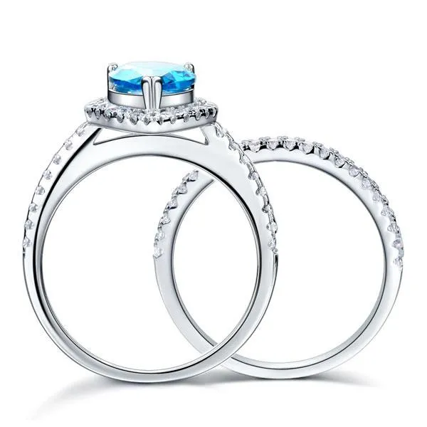 Sterling 925 Silver Bridal Wedding Engagement Ring Set 2 Carat Pear Fancy Blue Simulated Diamond Jewelry