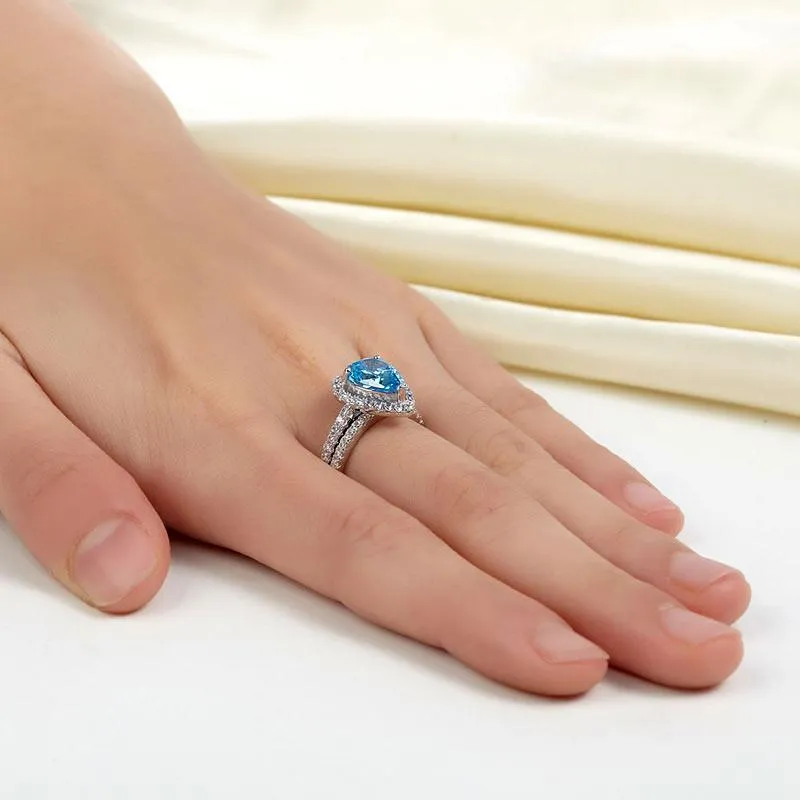 Sterling 925 Silver Bridal Wedding Engagement Ring Set 2 Carat Pear Fancy Blue Simulated Diamond Jewelry