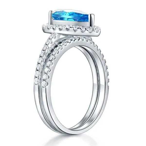 Sterling 925 Silver Bridal Wedding Engagement Ring Set 2 Carat Pear Fancy Blue Simulated Diamond Jewelry