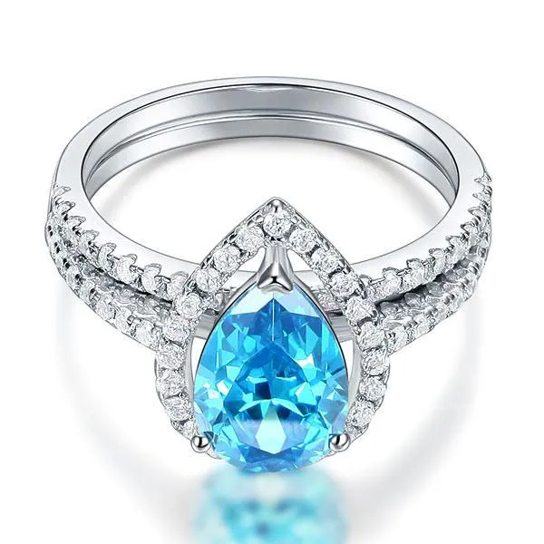 Sterling 925 Silver Bridal Wedding Engagement Ring Set 2 Carat Pear Fancy Blue Simulated Diamond Jewelry
