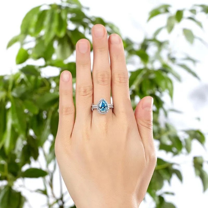 Sterling 925 Silver Bridal Wedding Engagement Ring Set 2 Carat Pear Fancy Blue Simulated Diamond Jewelry