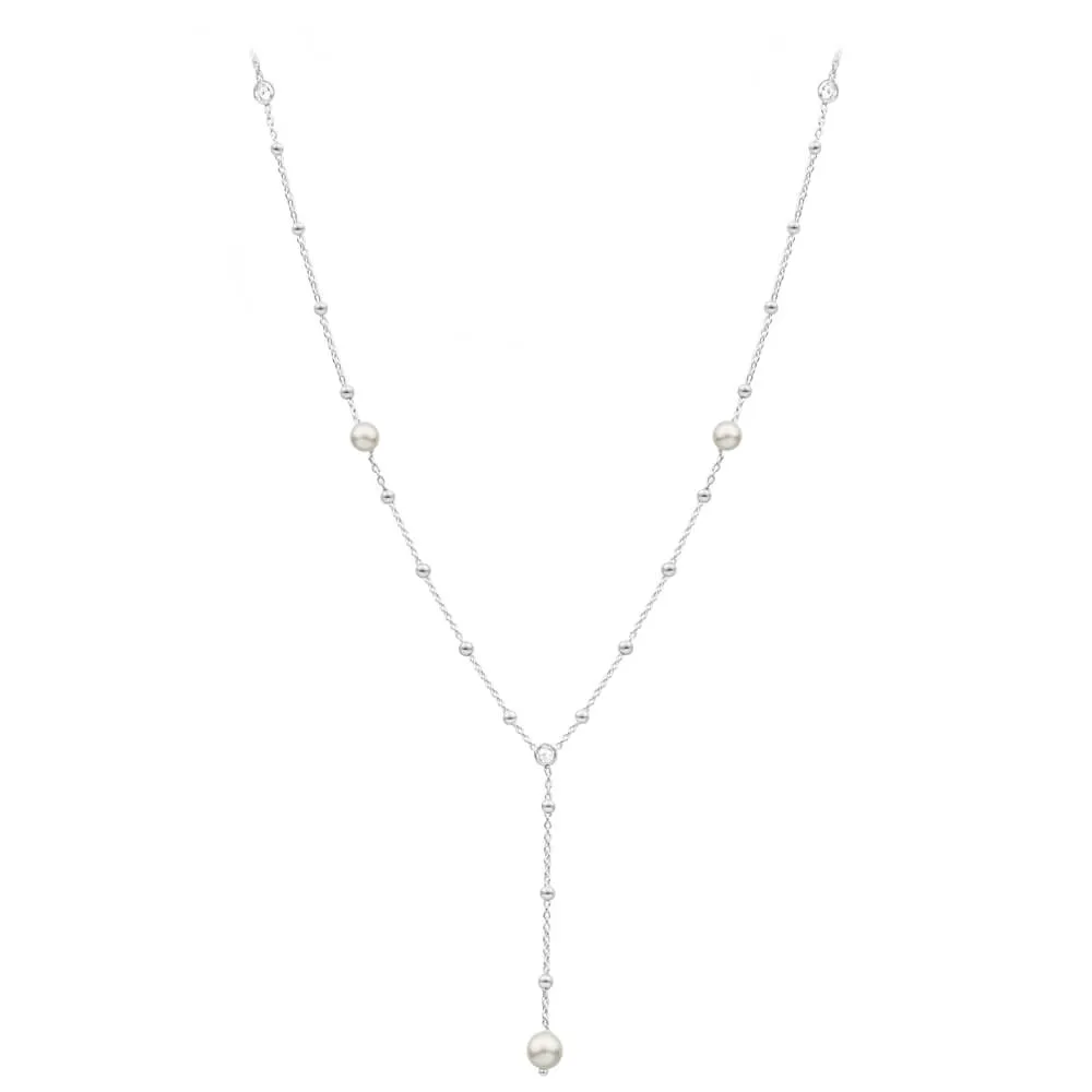 Sterling Silver Ball Link Simulated Pearl   Zirconia Y Chain