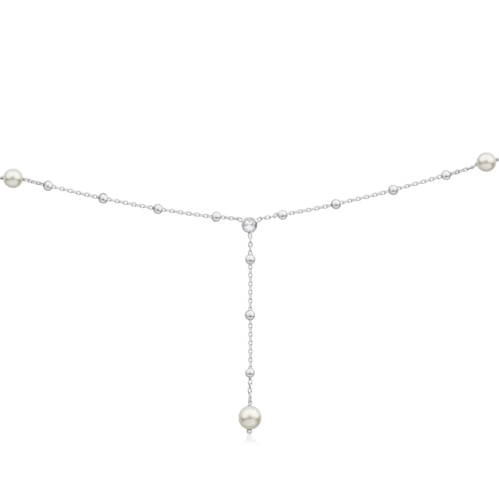 Sterling Silver Ball Link Simulated Pearl   Zirconia Y Chain