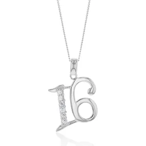Sterling Silver Cubic Zirconia On Number "16" Pendant