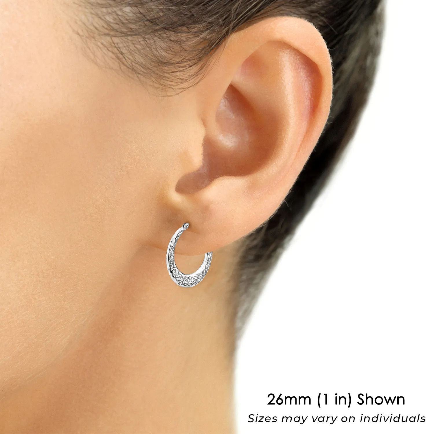Sterling Silver Diamond-Cut Flat Hoop Earrings, 925 Sterling Silver Medium Hoop Earrings, Hand Engraved Design