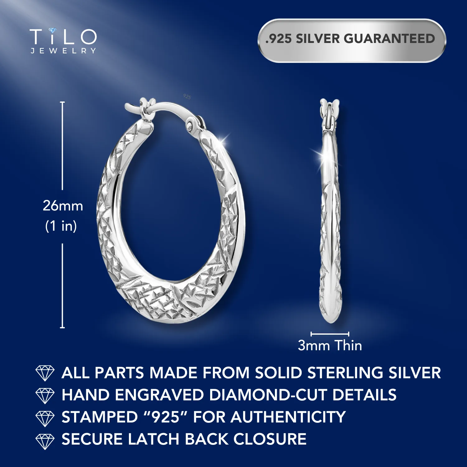 Sterling Silver Diamond-Cut Flat Hoop Earrings, 925 Sterling Silver Medium Hoop Earrings, Hand Engraved Design