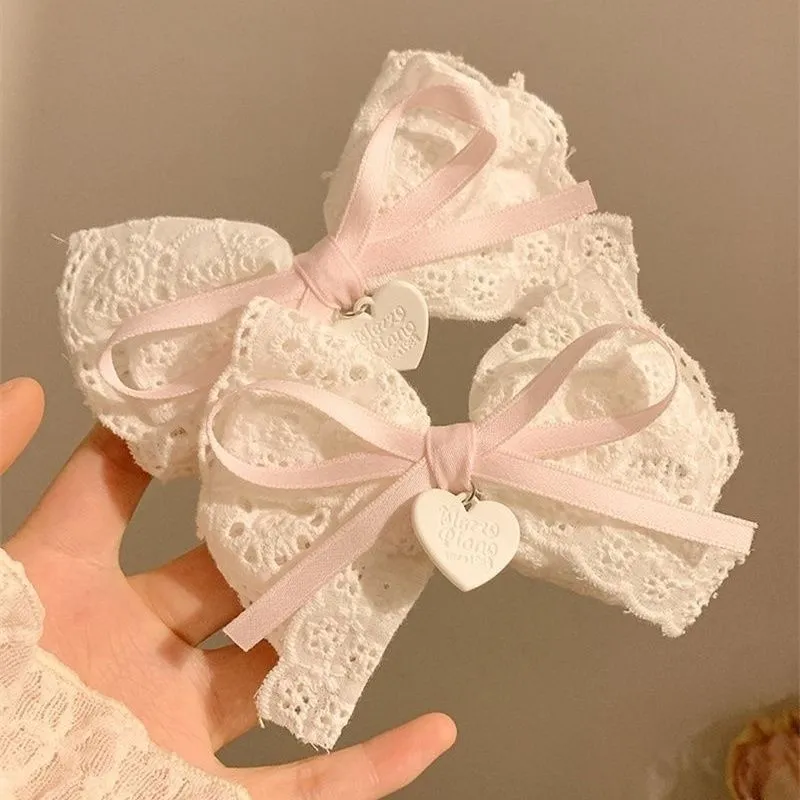 Sweet Lace Bow Heart Pendant Hairpin