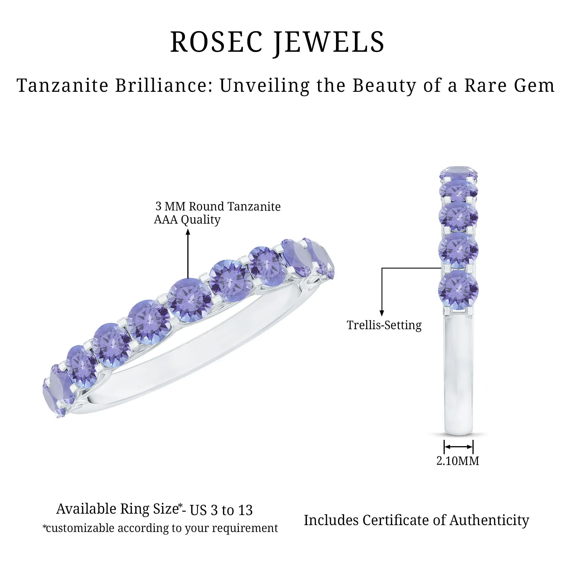 Trellis Set Round Tanzanite Half Eternity Band Ring