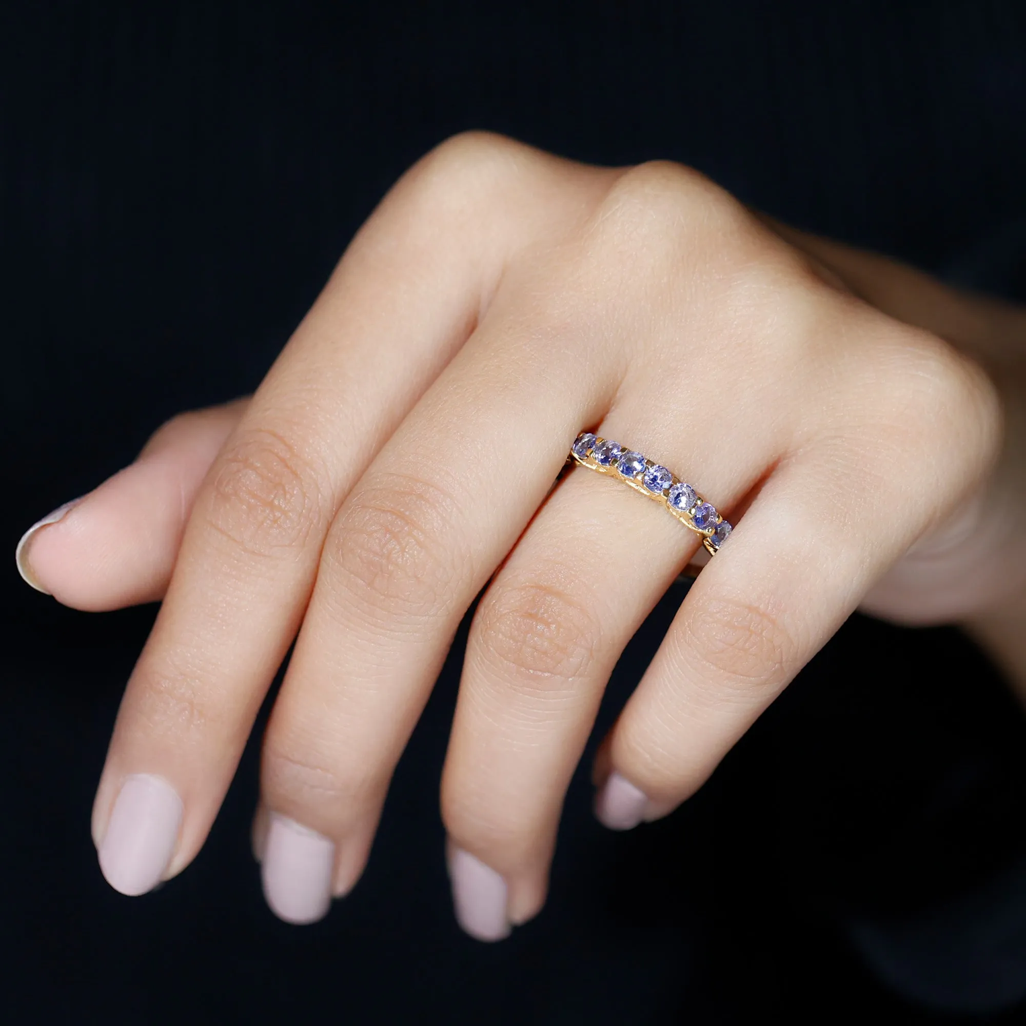 Trellis Set Round Tanzanite Half Eternity Band Ring