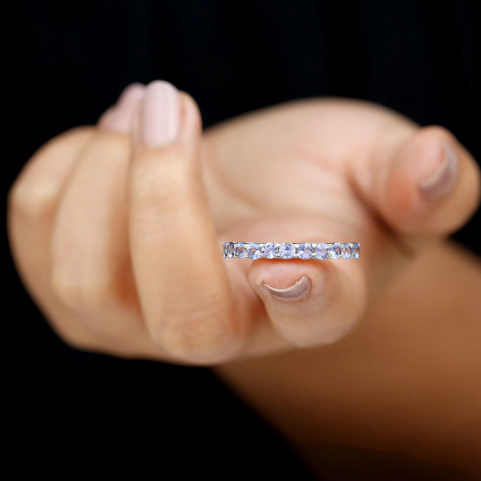 Trellis Set Round Tanzanite Half Eternity Band Ring
