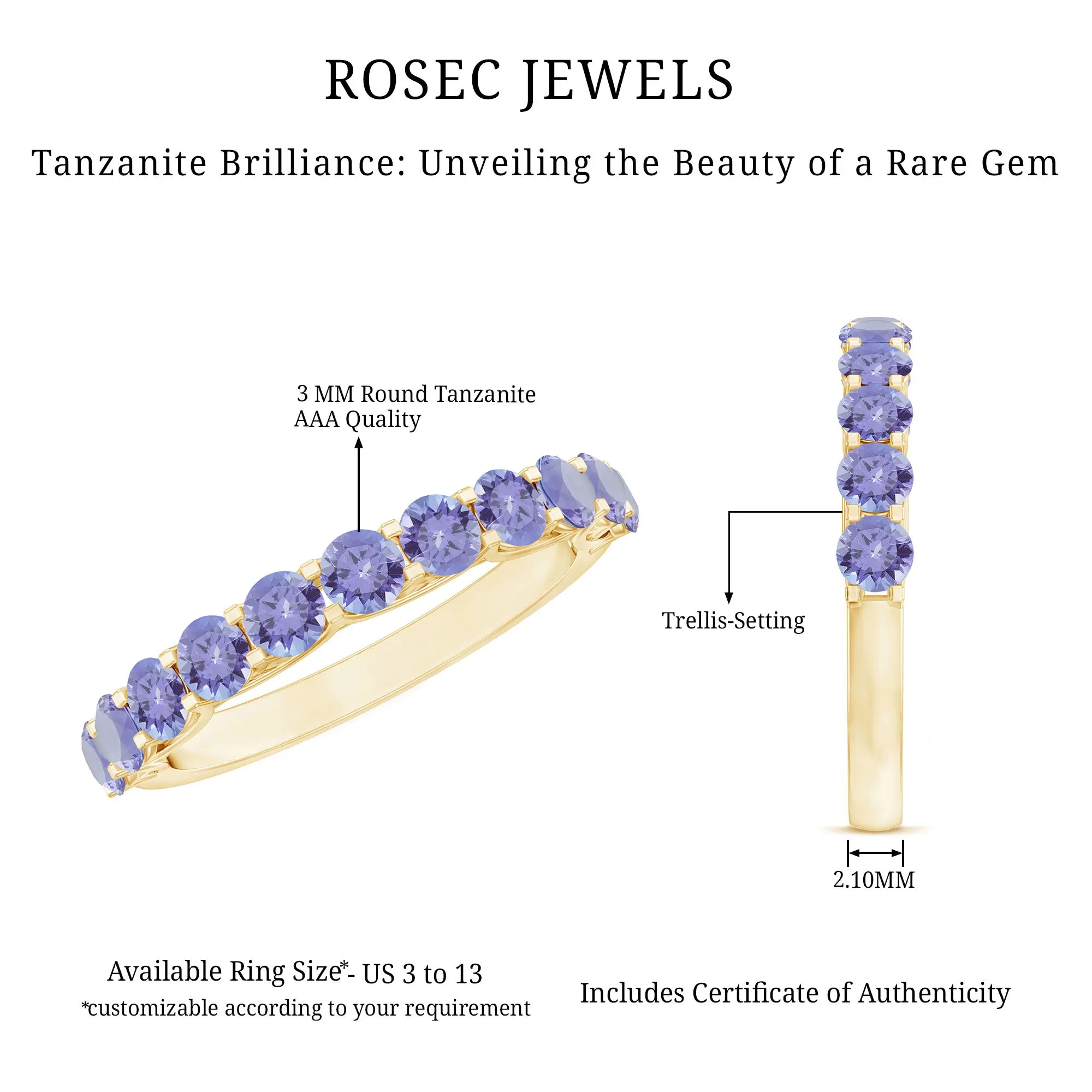 Trellis Set Round Tanzanite Half Eternity Band Ring