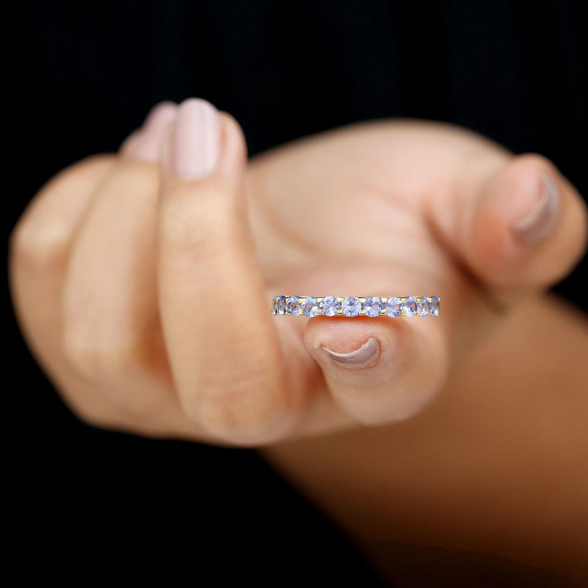 Trellis Set Round Tanzanite Half Eternity Band Ring