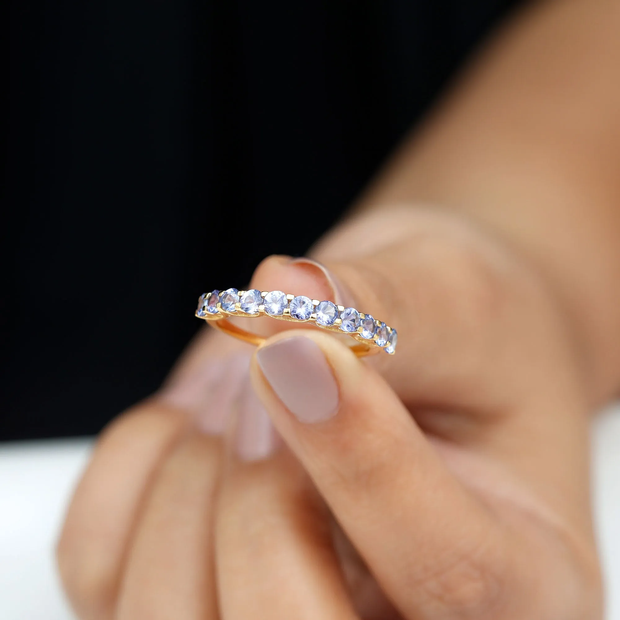 Trellis Set Round Tanzanite Half Eternity Band Ring