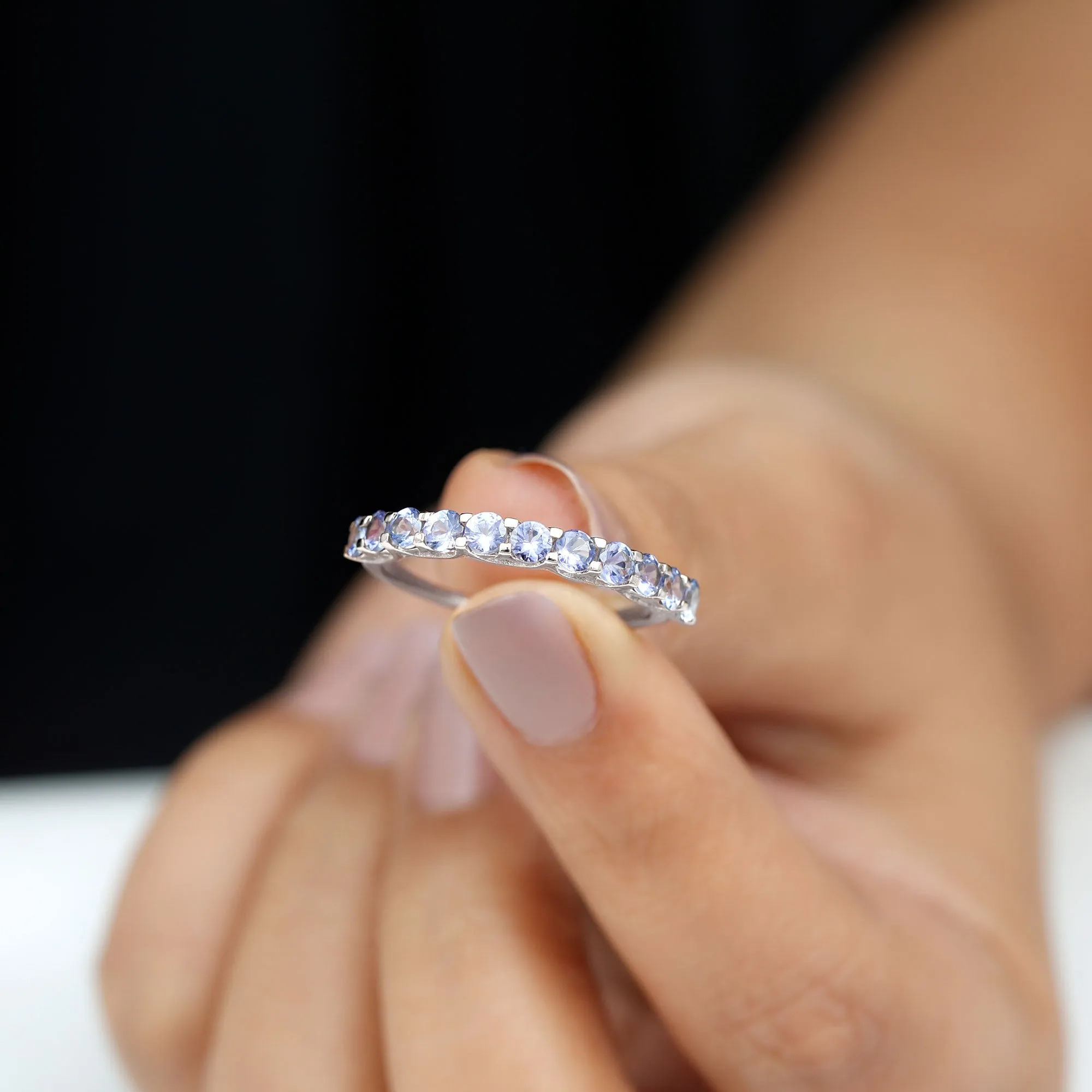 Trellis Set Round Tanzanite Half Eternity Band Ring