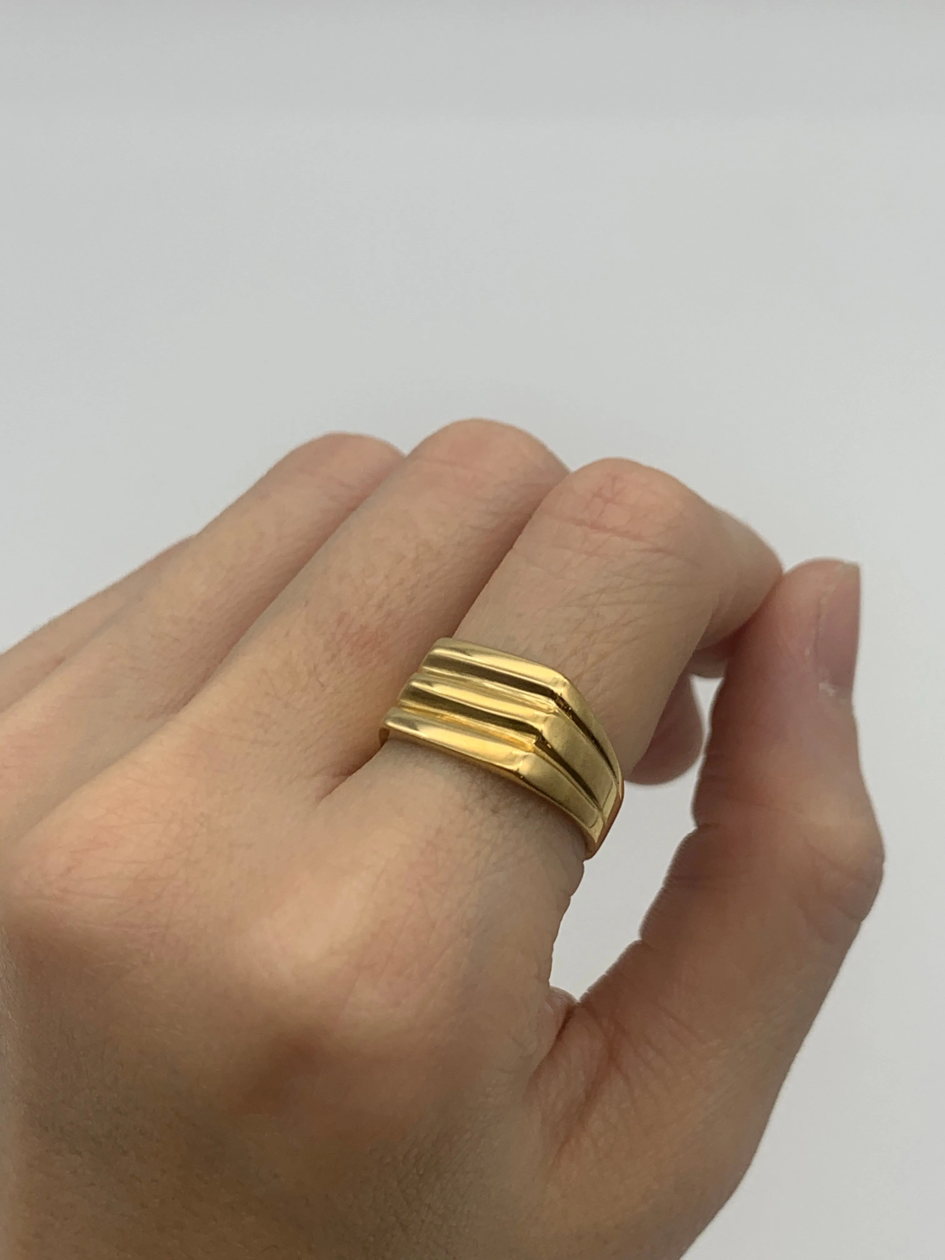 Triple Line Ring - Gold Signet Ring - Gold Unisex Ring