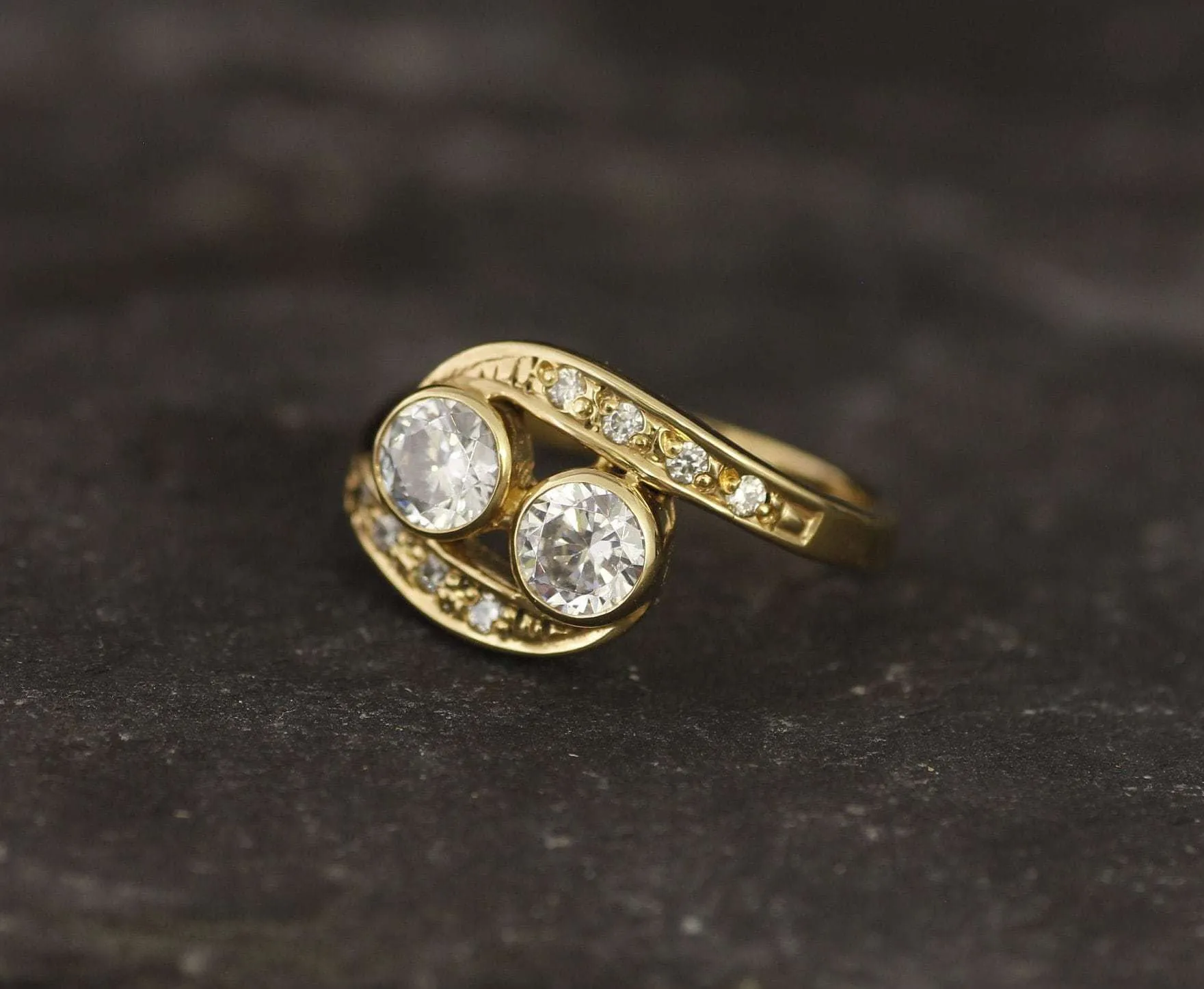 Two Stone Diamond Gold Ring, Statement Diamond Ring, Vintage Diamond Gold Ring