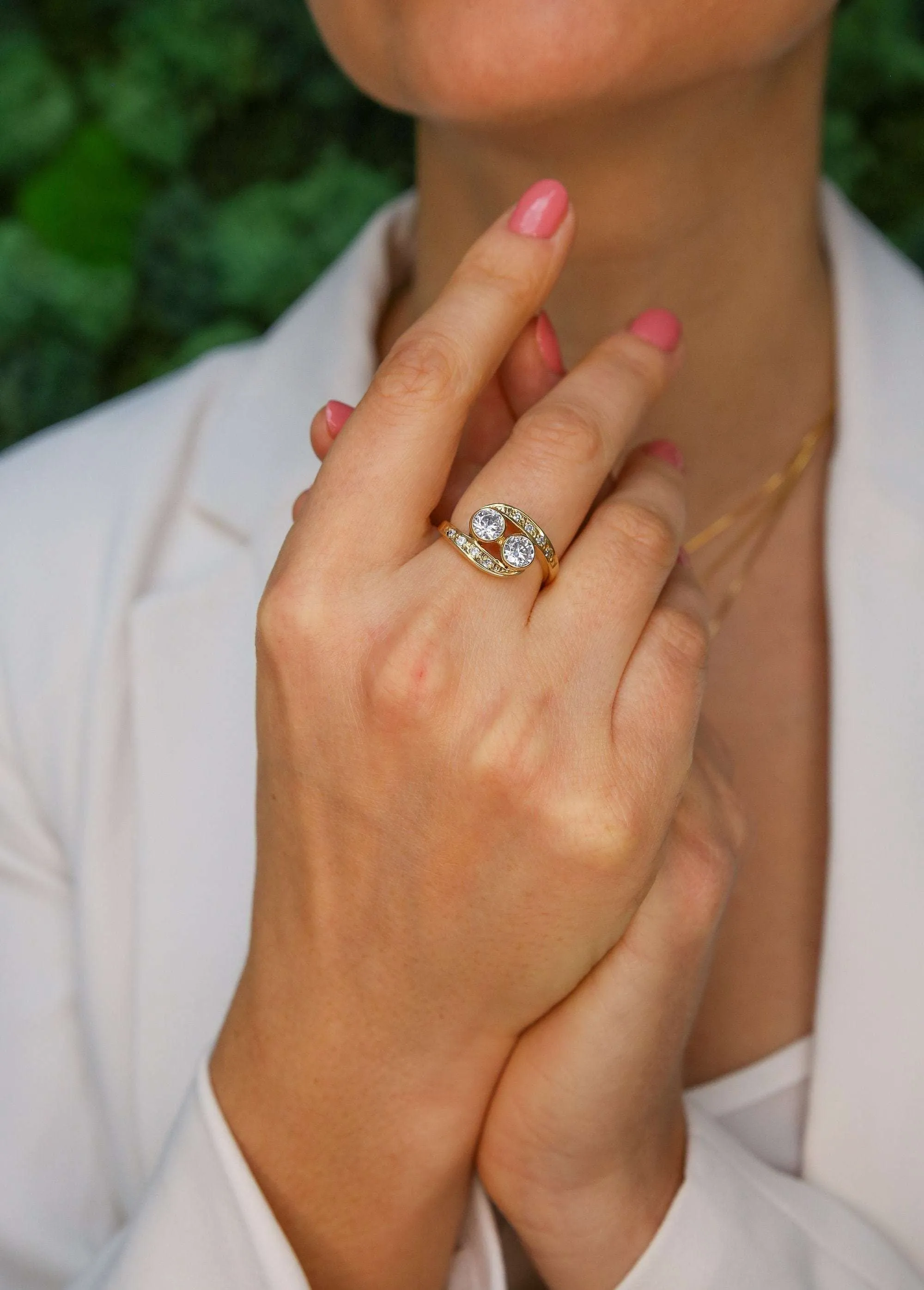 Two Stone Diamond Gold Ring, Statement Diamond Ring, Vintage Diamond Gold Ring