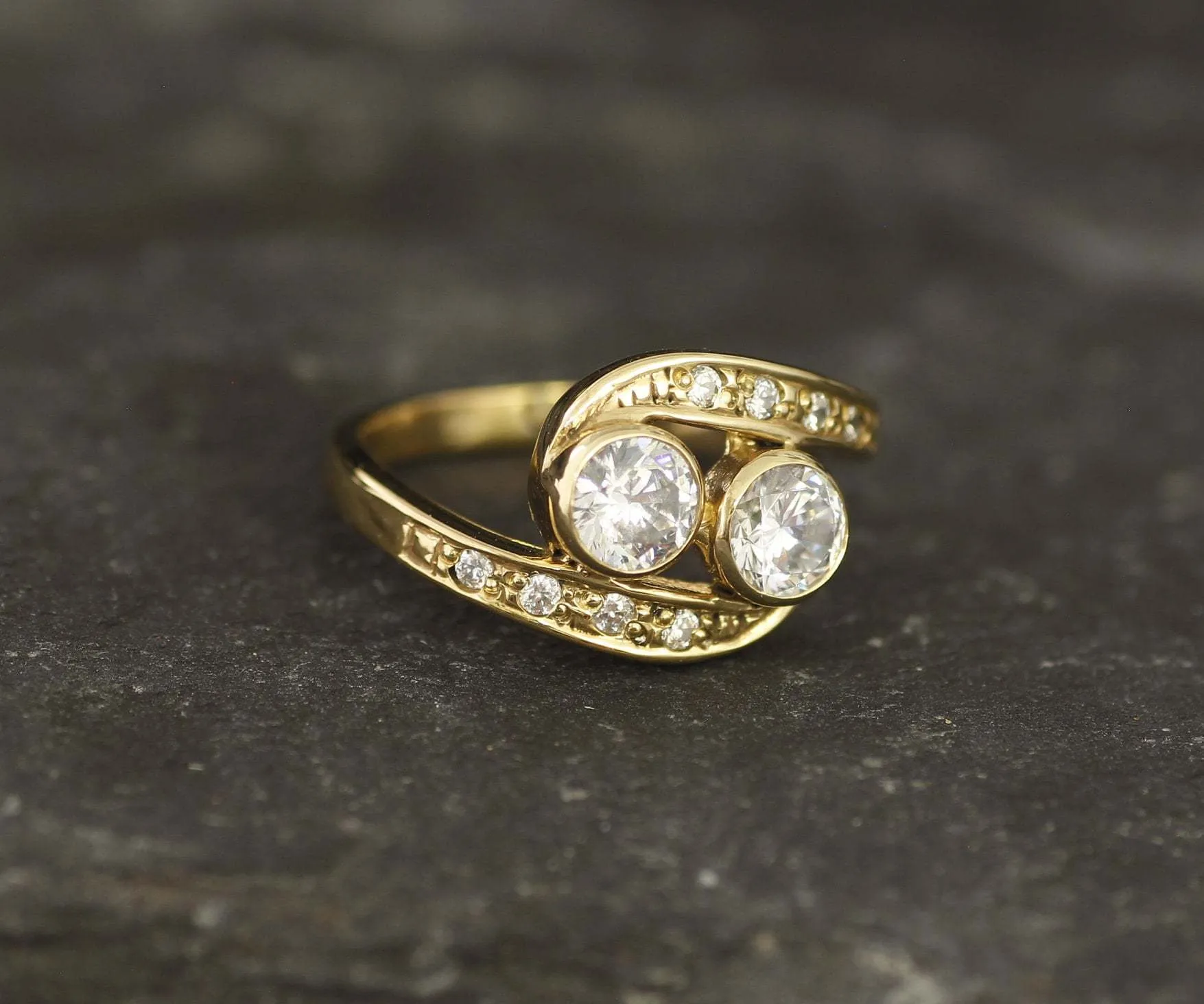 Two Stone Diamond Gold Ring, Statement Diamond Ring, Vintage Diamond Gold Ring