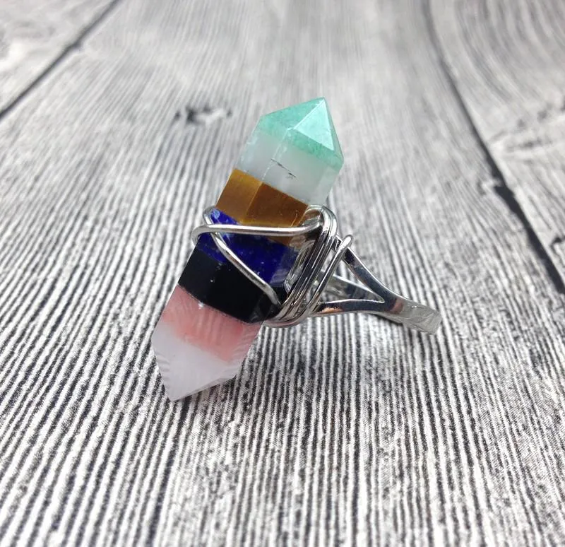 Unique 7 Layered Natural Chakra Stone Point Wire Wrap Ring