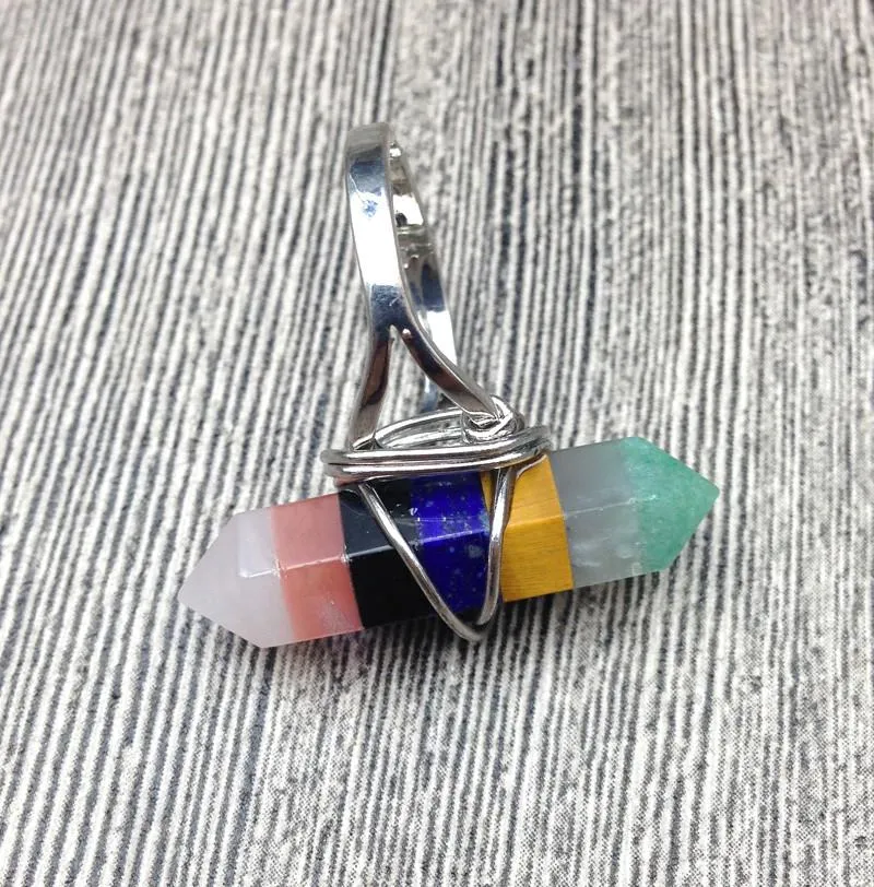 Unique 7 Layered Natural Chakra Stone Point Wire Wrap Ring