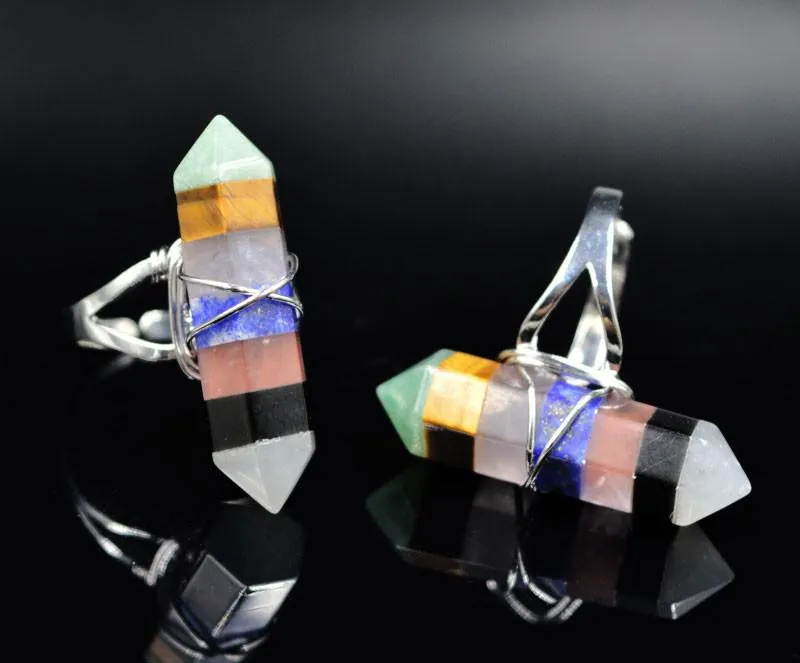 Unique 7 Layered Natural Chakra Stone Point Wire Wrap Ring