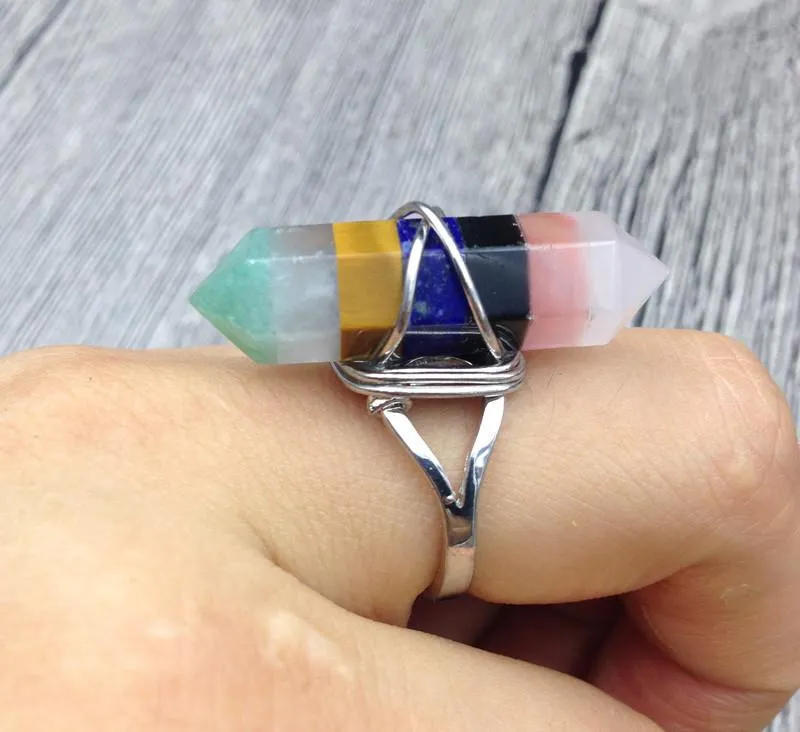 Unique 7 Layered Natural Chakra Stone Point Wire Wrap Ring