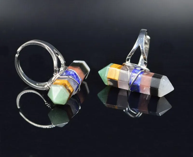 Unique 7 Layered Natural Chakra Stone Point Wire Wrap Ring