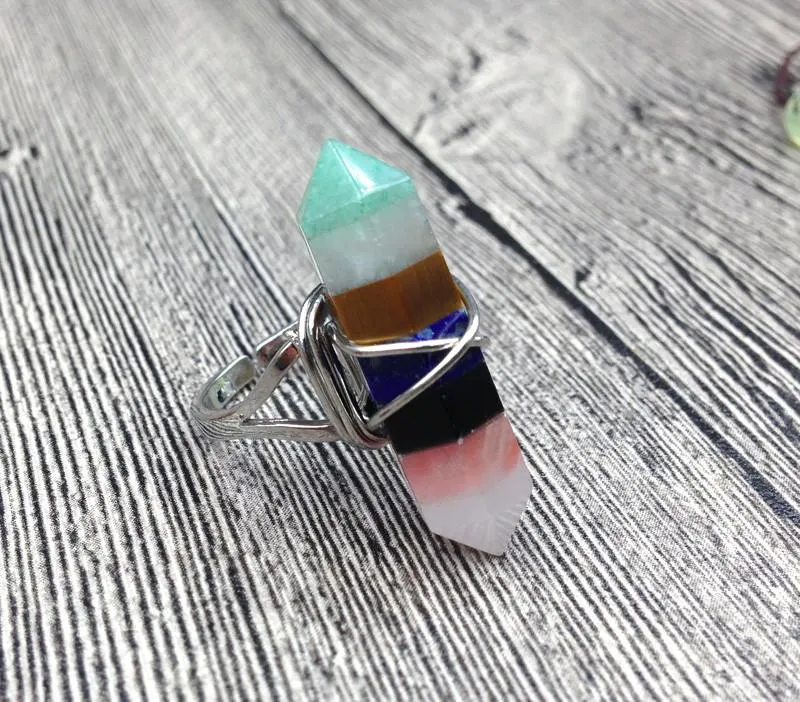 Unique 7 Layered Natural Chakra Stone Point Wire Wrap Ring
