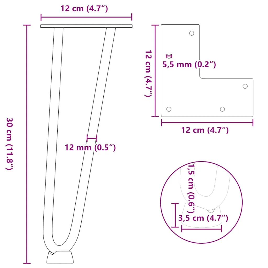 vidaXL Hairpin Table Legs 4 pcs Natural Steel 30 cm Solid Steel