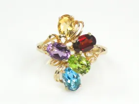 Vintage 10k Multi Color Gemstone Ring with Natural Garnet Peridot Topaz Amethyst and Citrine Size 9.5