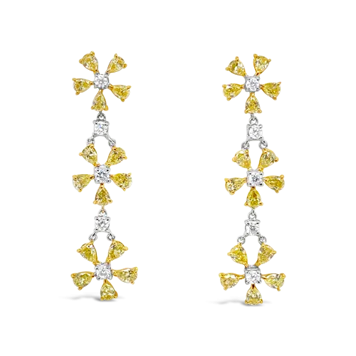 Yellow & White Diamond Dangle Flower Earrings