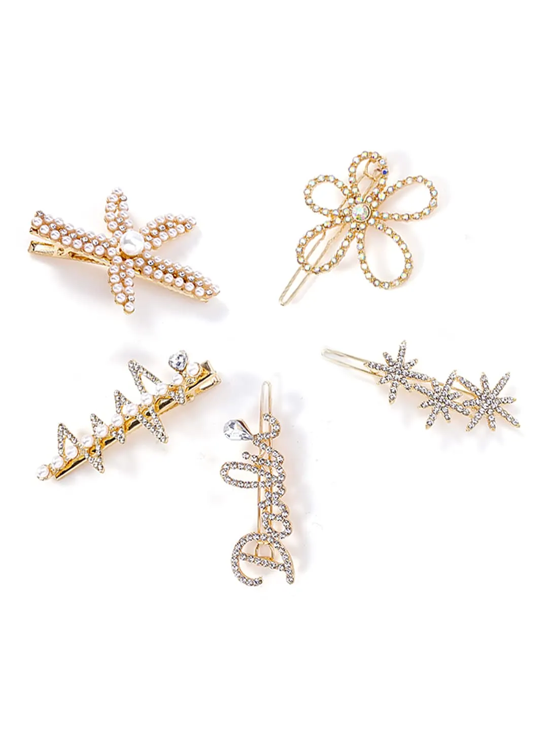 Yellow Chimes 5 PCs Hair Clips for Women Crystal Fancy Hairpins Hair Accessories for Women Girls, Gold, Medium (YCHACL-WM043-MC)