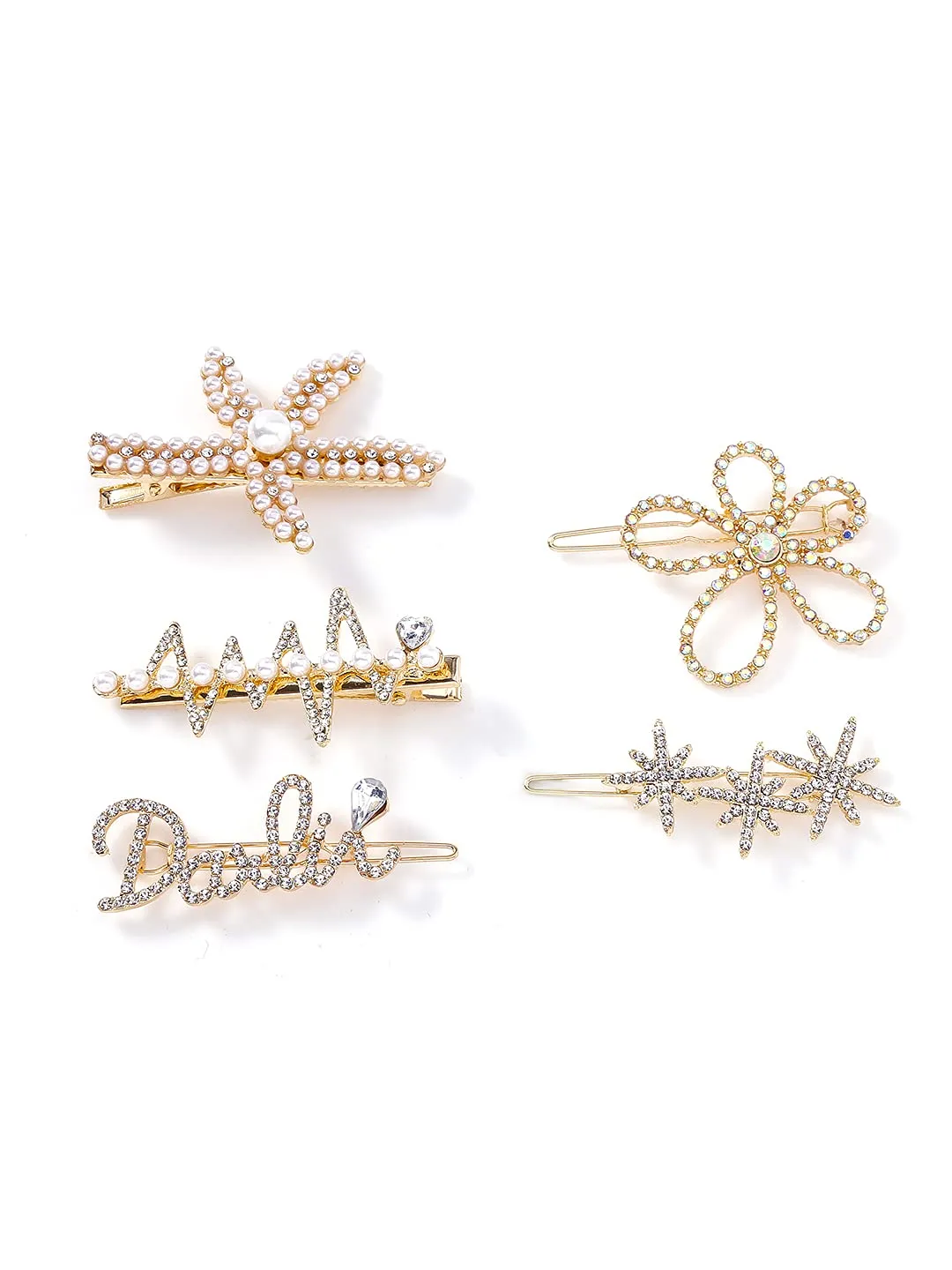 Yellow Chimes 5 PCs Hair Clips for Women Crystal Fancy Hairpins Hair Accessories for Women Girls, Gold, Medium (YCHACL-WM043-MC)
