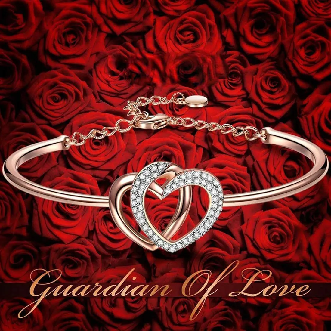 Yellow Chimes Rose Gold Twin Heart with Crystals Bangle Bracelet for Women and Girls